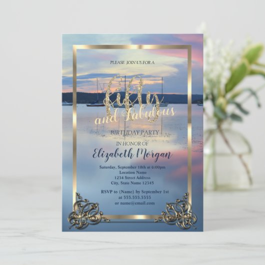 金ゴールドフレームヨットサンセット50thバースデーパーティー 招待状 (スタンド正面)