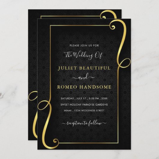 金ゴールドフレームラグジュアリーゴールデンブラック結婚式招待状 (正面/裏面)