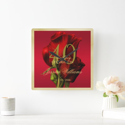 金ゴールドフレームロマンチックレッドローズ誕生日 スクエア壁時計 (ホーム)