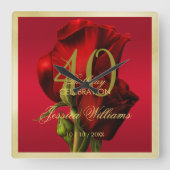 金ゴールドフレームロマンチックレッドローズ誕生日 スクエア壁時計 (正面)