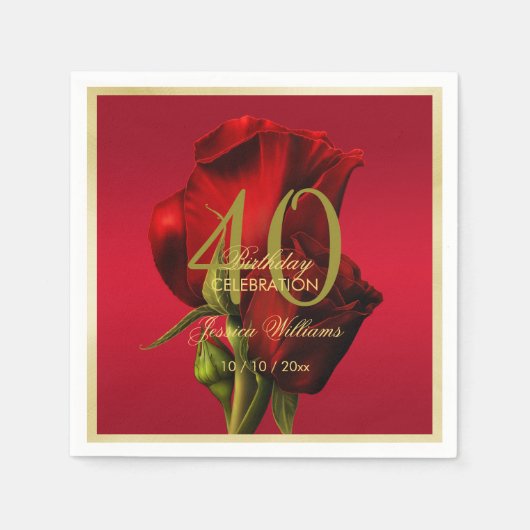 金ゴールドフレームロマンチックレッドローズ誕生日 スタンダードカクテルナプキン (正面)