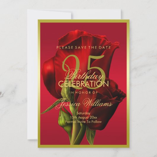 金ゴールドフレームロマンチックレッドローズ誕生日 セーブザデート (正面)