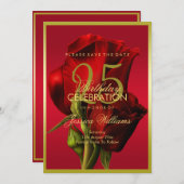 金ゴールドフレームロマンチックレッドローズ誕生日 セーブザデート (正面/裏面)