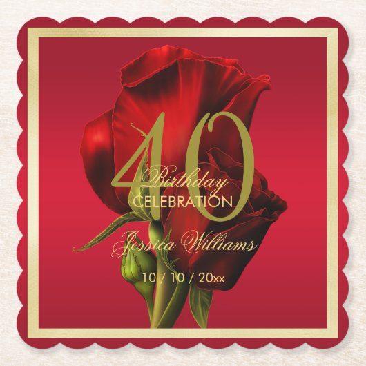 金ゴールドフレームロマンチックレッドローズ誕生日 ペーパーコースター (正面)