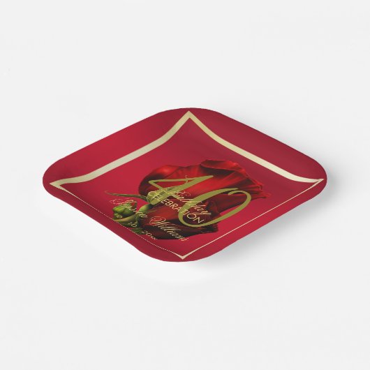 金ゴールドフレームロマンチックレッドローズ誕生日 ペーパープレート (傾斜あり)