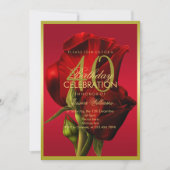 金ゴールドフレームロマンチックレッドローズ誕生日 招待状 (正面)