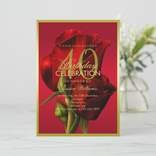 金ゴールドフレームロマンチックレッドローズ誕生日 招待状 (スタンド正面)