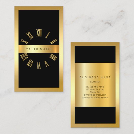 金ゴールドフレームローマンクロックグリッター垂直 名刺 (正面/裏面)