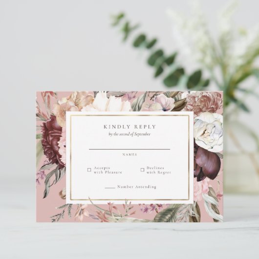 金ゴールドフレームワイルドフラワーウェディングRSVP返信 出欠カード (スタンド正面)