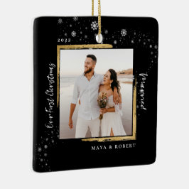 金ゴールドフレーム写真の私たちの初めてのクリスマス 結婚した  セラミックオーナメント