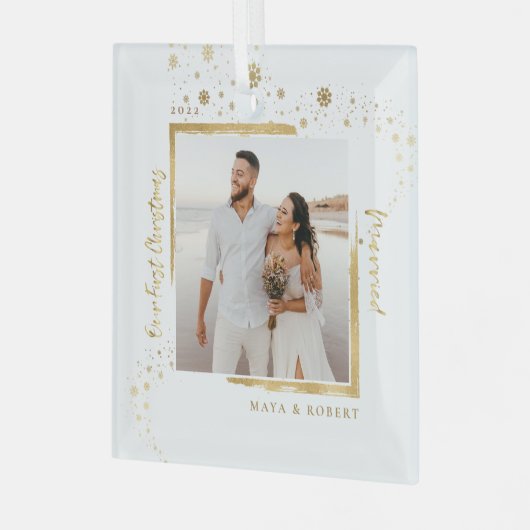 金ゴールドフレーム写真Our初めてのクリスマス結婚したGla ガラスオーナメント (正面左)