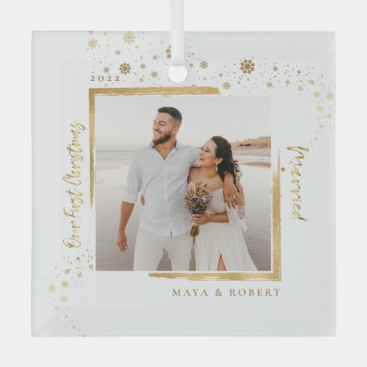 金ゴールドフレーム写真Our初めてのクリスマス結婚したGla ガラスオーナメント (正面)