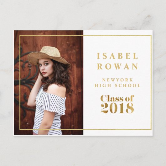 金ゴールドフレーム卒業2018フォト招待状ホワイト インビテーションポストカード (正面)