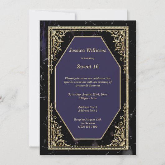 金ゴールドフレーム大理石ゴシック誕生日パーティー 招待状 (正面)