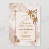 金ゴールドフレーム大理石サプライズ40th誕生日ディナー 招待状 (正面/裏面)