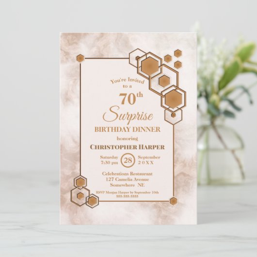 金ゴールドフレーム大理石サプライズ70th誕生日ディナー 招待状 (スタンド正面)