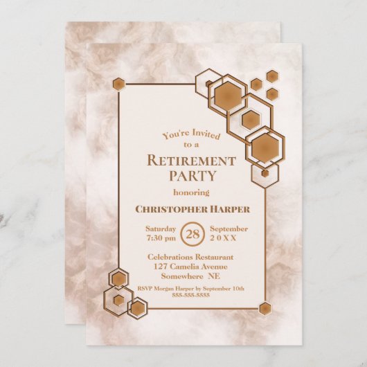 金ゴールドフレーム大理石リタイアメントパーティー 招待状 (正面/裏面)