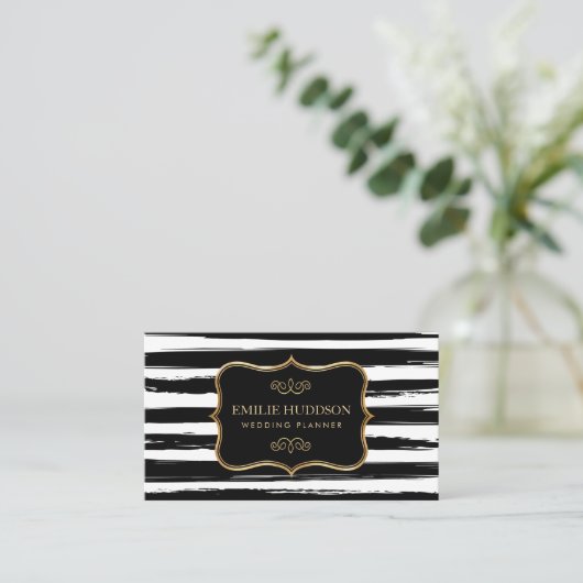 金ゴールドフレーム抽象芸術白黒ストライプ 名刺 (スタンド正面)