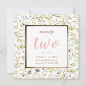 金ゴールドフレーム春ボホワイルドフラワーパンパ誕生日 招待状 (正面)