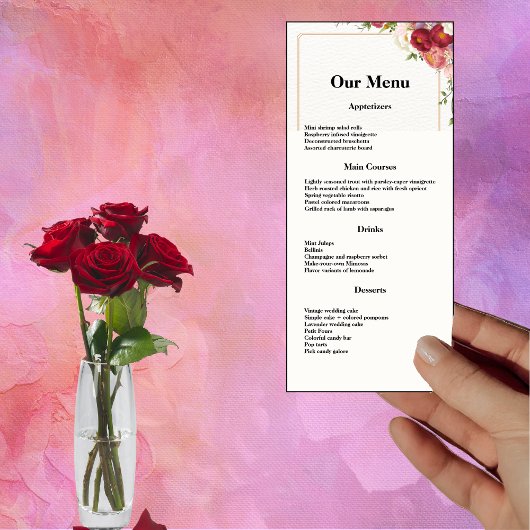 金ゴールドフレーム水カラー花結婚のディナーメニュー メニュー