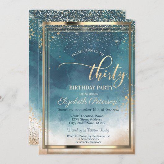 金ゴールドフレーム水彩スプラッシュ30th誕生日パーティー 招待状 (正面/裏面)