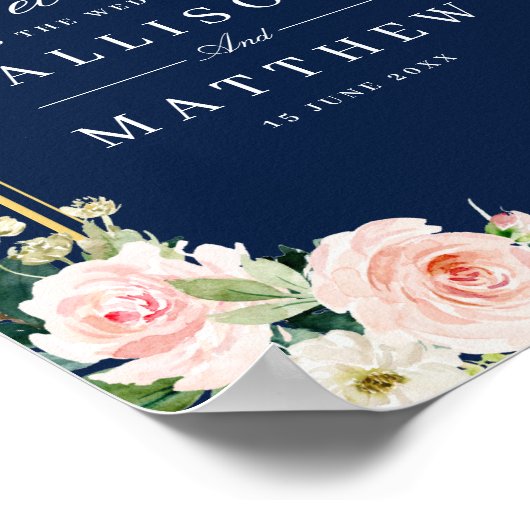 金ゴールドフレーム海軍と赤面結婚の歓迎サイン ポスター (角)