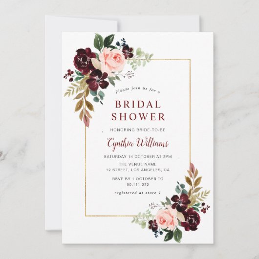 金ゴールドフレーム燃焼赤面フローラブライダルシャワー 招待状 (正面)