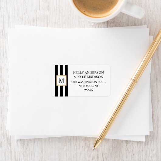 金ゴールドフレーム白黒ストライプモノグラム結婚ズ ラベル (インサイチュ)