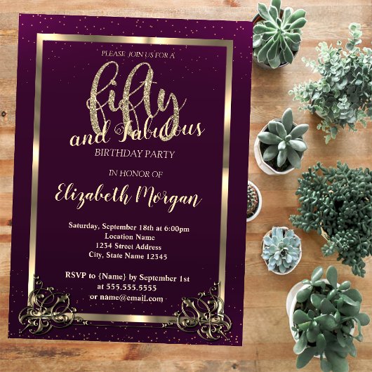 金ゴールドフレーム紙吹雪バイオレット50th誕生日パーティー 招待状