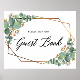 金ゴールドフレーム結婚ユーカリのゲストブックサイン ポスター