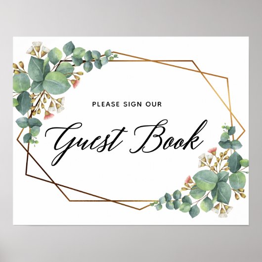 金ゴールドフレーム結婚ユーカリのゲストブックサイン ポスター (正面)