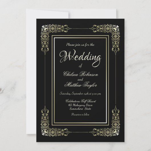 金ゴールドフレーム結婚黒 招待状 (正面)