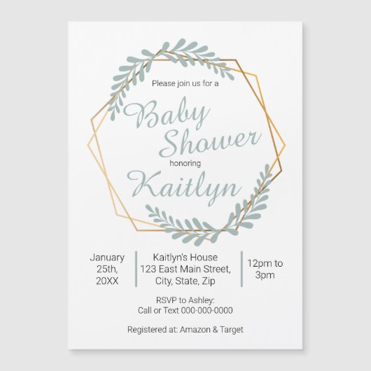 金ゴールドフレーム緑の赤ちゃんシャワー マグネット招待状 (正面)