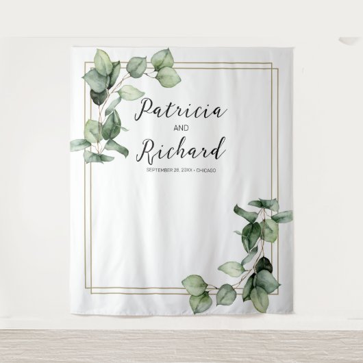 金ゴールドフレーム緑ユーカリ結婚の背景 タペストリー (正面)