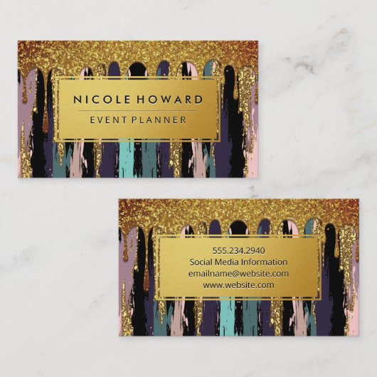 金ゴールドフレーム芸術的パターン | 金ゴールドグリッター滴 名刺 (正面/裏面)