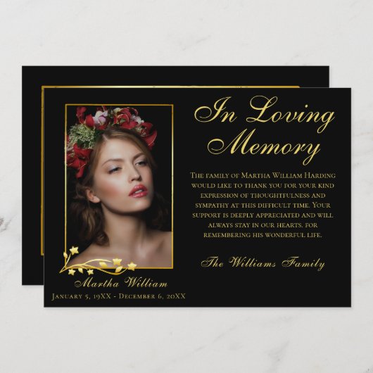 金ゴールドフレーム葬儀フォトスクリプエレガントトありがとう サンキューカード (正面/裏面)