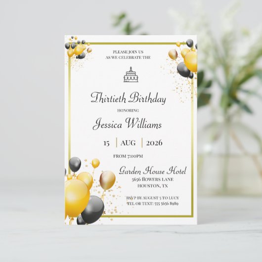 金ゴールドフレーム装飾バルーン誕生日 招待状 (スタンド正面)