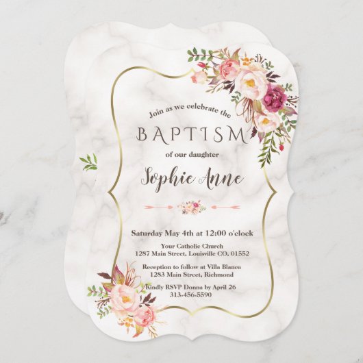 金ゴールドフレーム赤面ピンクフローラ大理石バプテスマ 招待状 (正面/裏面)