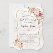 金ゴールドフレーム赤面ピンクフローラ大理石バプテスマ 招待状 (正面)