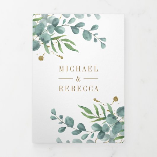 金ゴールドフレーム離れユーカリス写真結婚コラージュ 三つ折り招待状 (カバー)