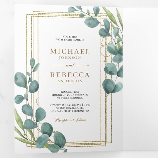 金ゴールドフレーム離れユーカリス写真結婚コラージュ 三つ折り招待状 (内部最初)