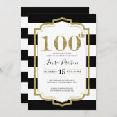 金ゴールドフレーム黒ストライプグリッター100誕生日 招待状 (正面/裏面)