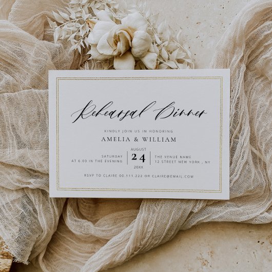 金ゴールドフレーム黒レタリングリハーサル夕食 招待状