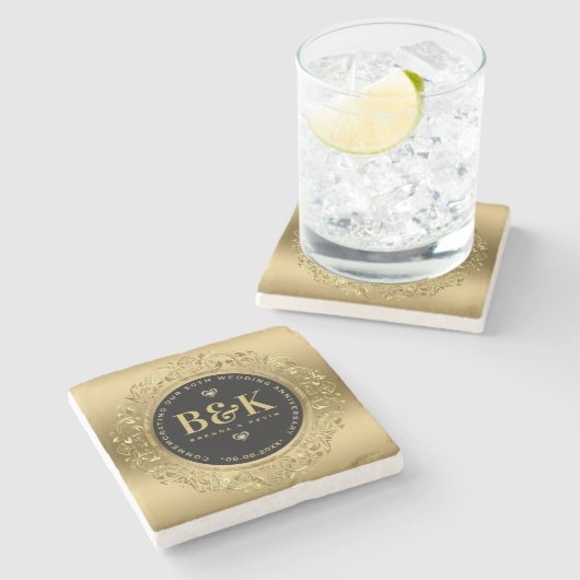 金ゴールドフレーム50結婚周年記念テンプレート ストーンコースター (横)