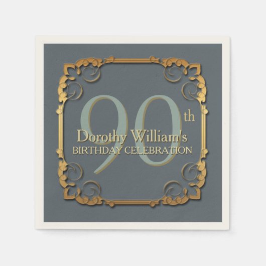 金ゴールドフレーム90番目の誕生祝い紙ナプキン スタンダードカクテルナプキン (正面)