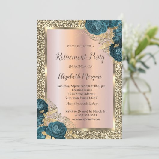 金ゴールドフレーム、グリッター緑の花の定年 招待状 (スタンド正面)