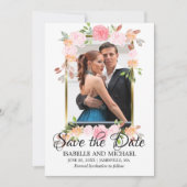 金ゴールドフレーム&ピンクのバラ日付を保存フォトカード セーブザデート (正面)