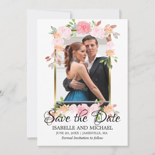 金ゴールドフレーム&ピンクのバラ日付を保存フォトカード セーブザデート (正面)