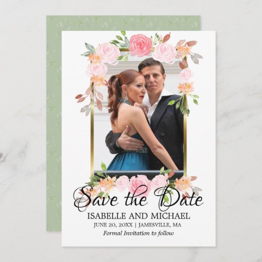 金ゴールドフレーム&ピンクのバラ日付を保存フォトカード セーブザデート (正面/裏面)