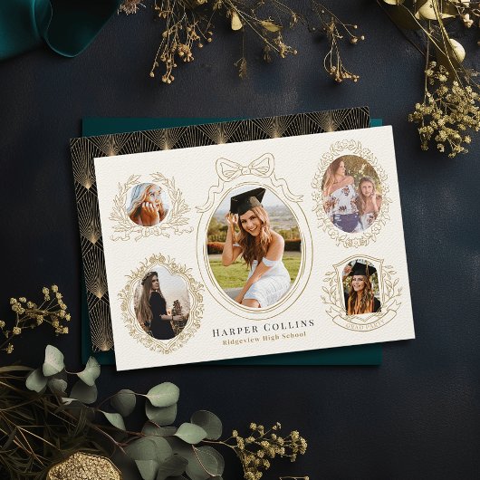 金ゴールドフレーム&ボタニカルアクセントのクリームの卒業 招待状